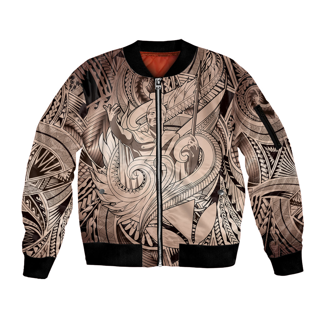 Personalised Aloha King Kamehameha Spirits Sleeve Zip Bomber Jacket Beige Special LT9 Unisex Beige - Polynesian Pride