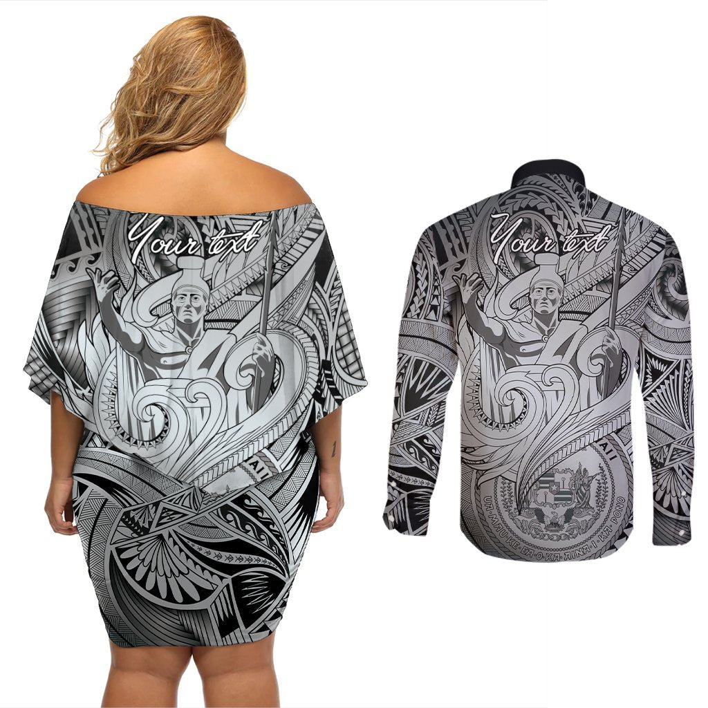 Personalised Aloha King Kamehameha Spirits Couples Matching Off Shoulder Short Dress and Long Sleeve Button Shirt Grey Special LT9 - Polynesian Pride