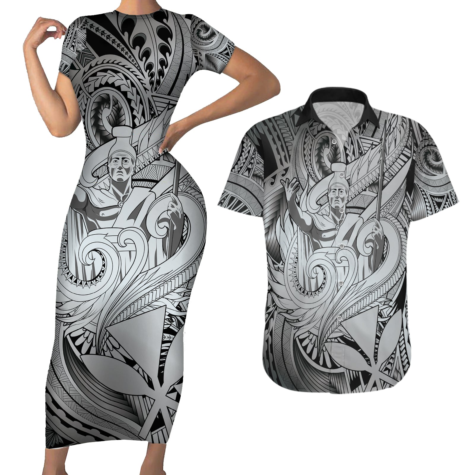 Personalised Aloha King Kamehameha Spirits Couples Matching Short Sleeve Bodycon Dress and Hawaiian Shirt Grey Special LT9 Grey - Polynesian Pride