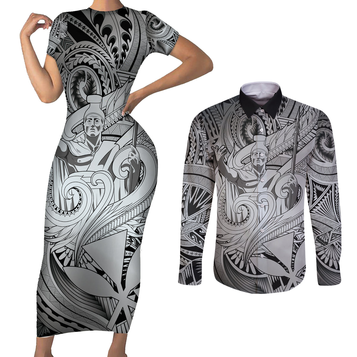 Personalised Aloha King Kamehameha Spirits Couples Matching Short Sleeve Bodycon Dress and Long Sleeve Button Shirt Grey Special LT9 Grey - Polynesian Pride
