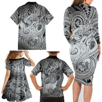 Personalised Aloha King Kamehameha Spirits Family Matching Long Sleeve Bodycon Dress and Hawaiian Shirt Grey Special LT9 - Polynesian Pride