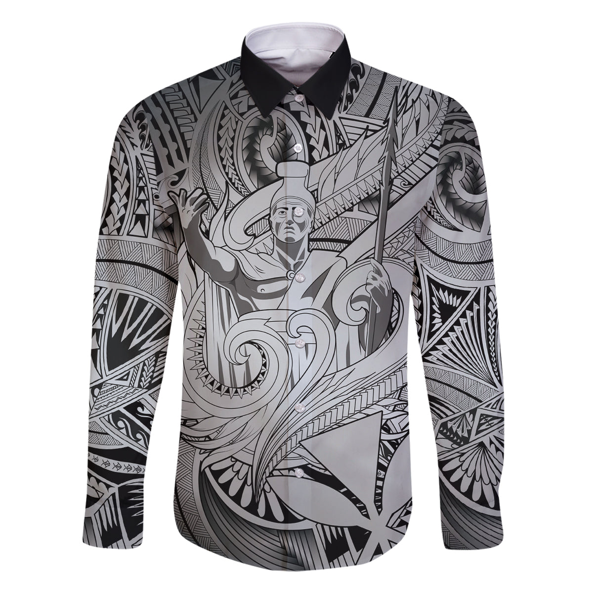 Personalised Aloha King Kamehameha Spirits Family Matching Mermaid Dress and Hawaiian Shirt Grey Special LT9 Dad's Shirt - Long Sleeve Grey - Polynesian Pride