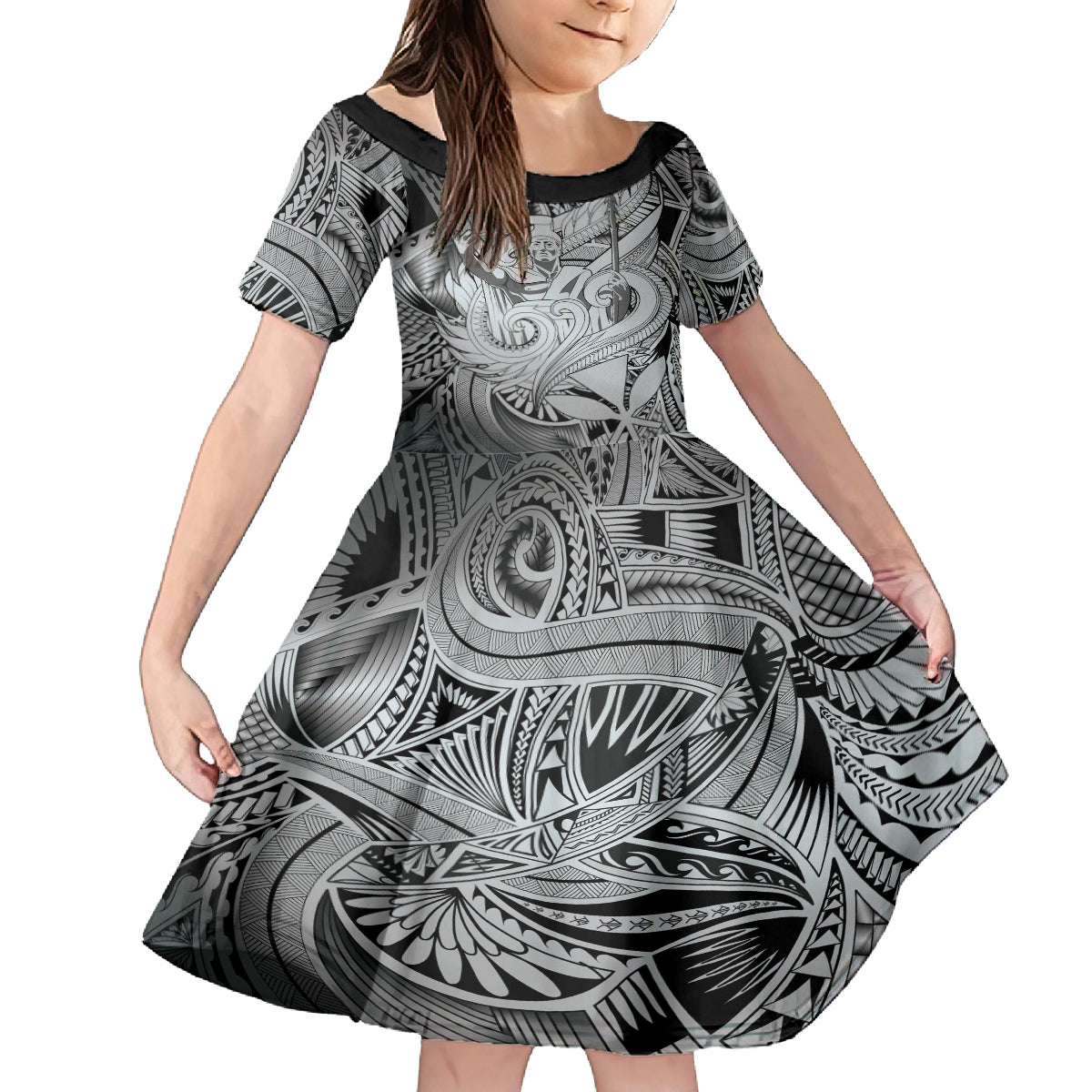 Personalised Aloha King Kamehameha Spirits Family Matching Off Shoulder Long Sleeve Dress and Hawaiian Shirt Grey Special LT9 Daughter's Dress Grey - Polynesian Pride