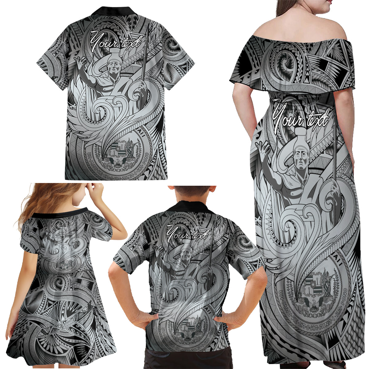 Personalised Aloha King Kamehameha Spirits Family Matching Off Shoulder Maxi Dress and Hawaiian Shirt Grey Special LT9 - Polynesian Pride