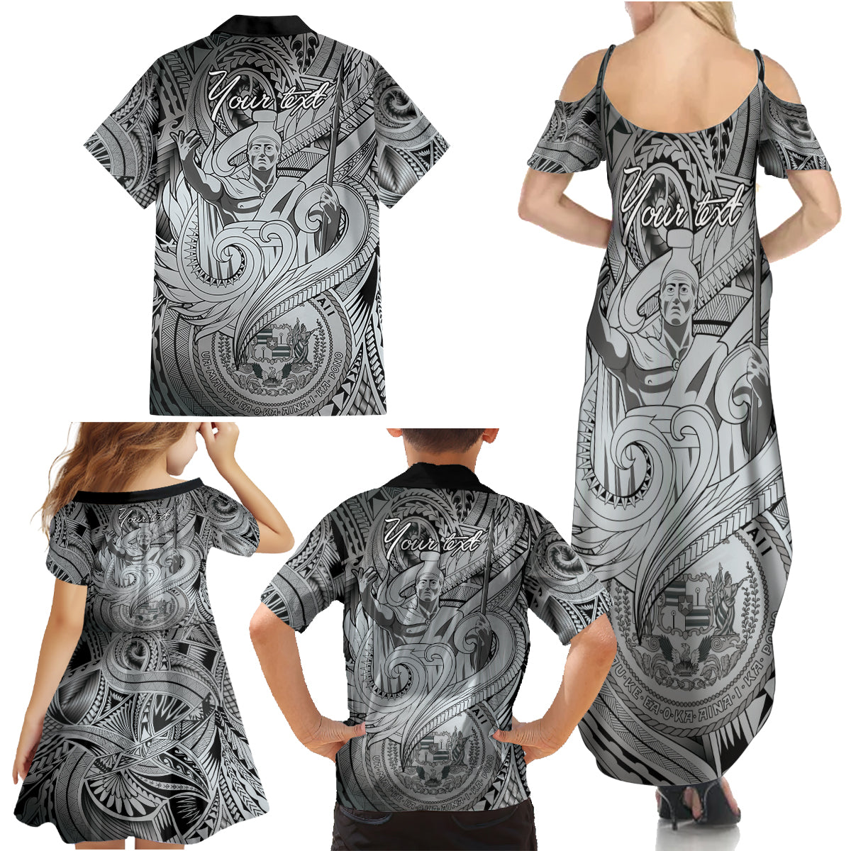 Personalised Aloha King Kamehameha Spirits Family Matching Summer Maxi Dress and Hawaiian Shirt Grey Special LT9 - Polynesian Pride