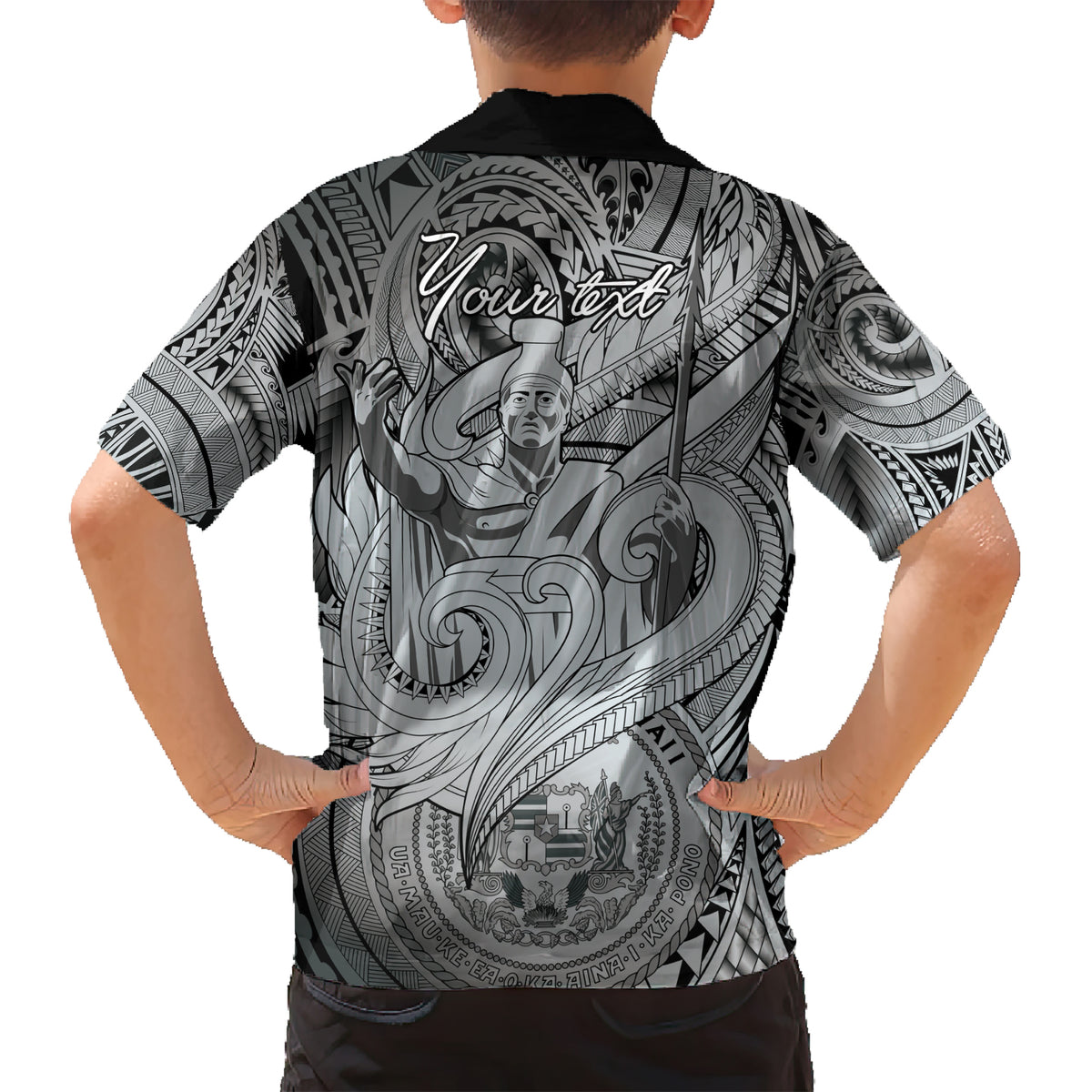 Personalised Aloha King Kamehameha Spirits Kid Hawaiian Shirt Grey Special LT9 - Polynesian Pride