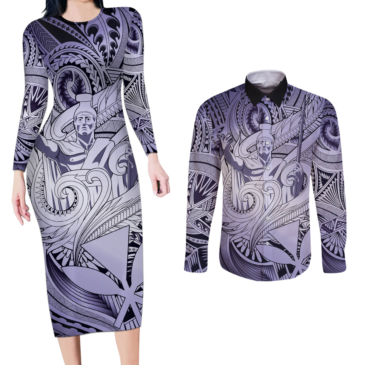 Personalised Aloha King Kamehameha Spirits Couples Matching Long Sleeve Bodycon Dress and Long Sleeve Button Shirt Violet Special LT9 Violet - Polynesian Pride