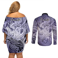 Personalised Aloha King Kamehameha Spirits Couples Matching Off Shoulder Short Dress and Long Sleeve Button Shirt Violet Special LT9 - Polynesian Pride