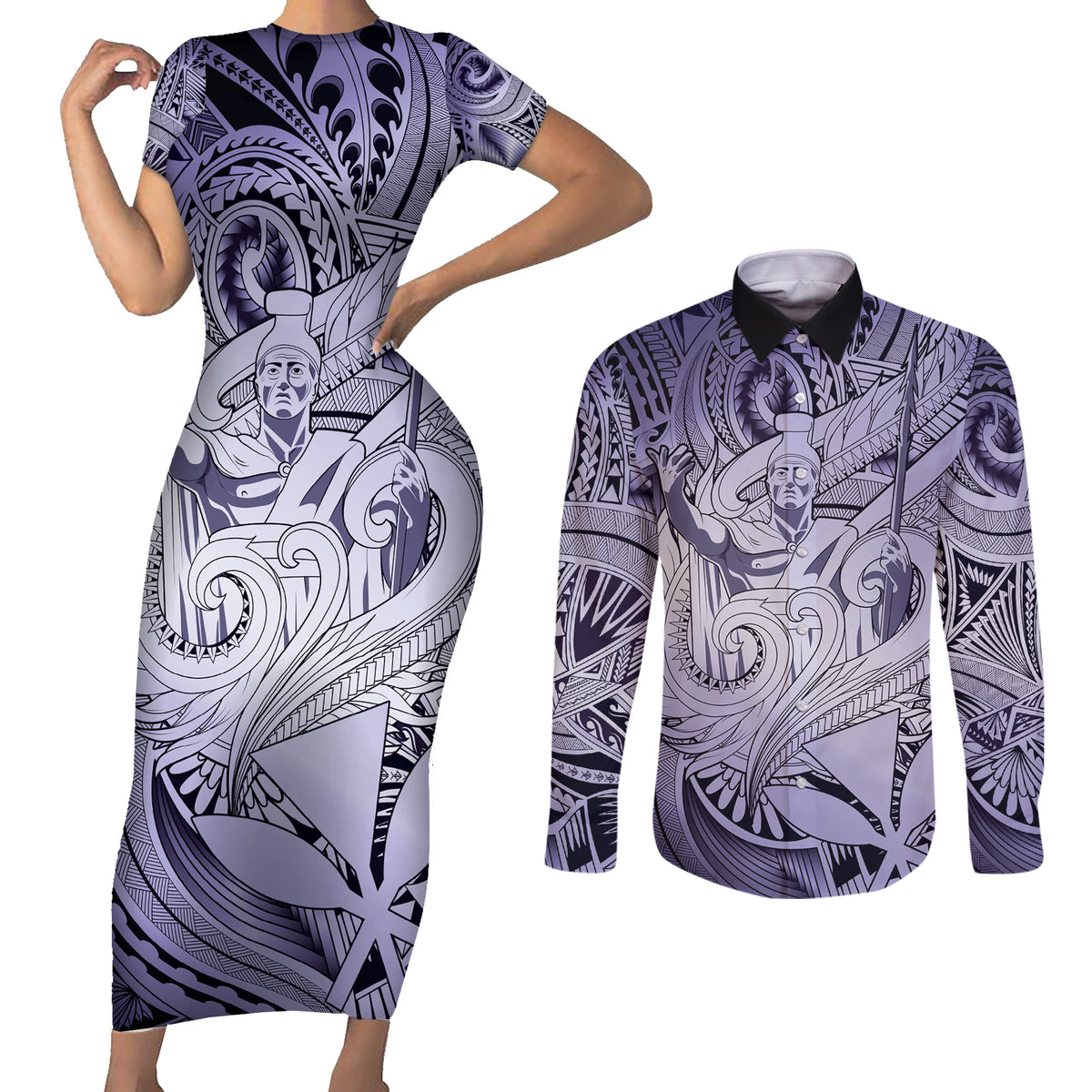 Personalised Aloha King Kamehameha Spirits Couples Matching Short Sleeve Bodycon Dress and Long Sleeve Button Shirt Violet Special LT9 Violet - Polynesian Pride