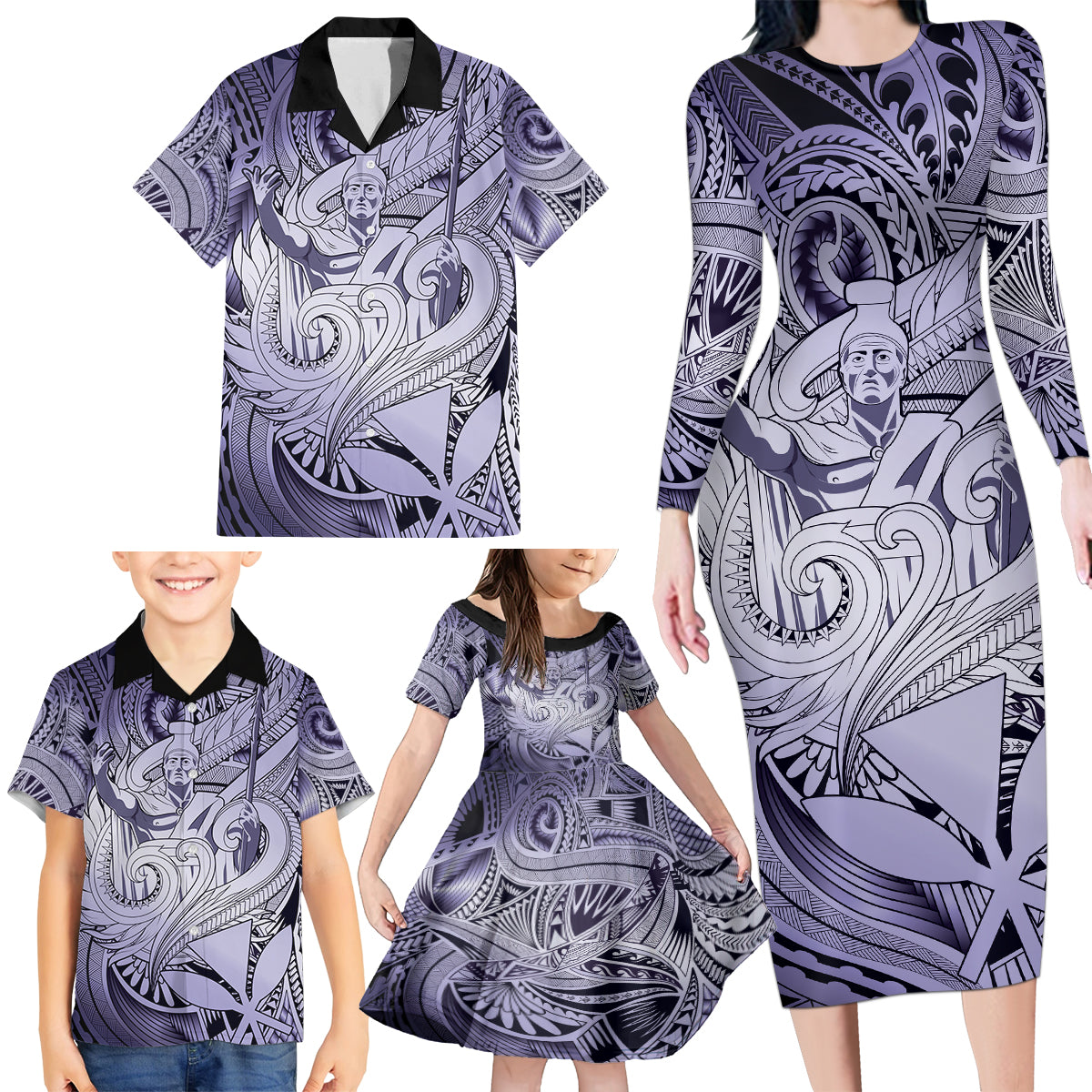 Personalised Aloha King Kamehameha Spirits Family Matching Long Sleeve Bodycon Dress and Hawaiian Shirt Violet Special LT9 - Polynesian Pride