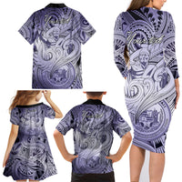 Personalised Aloha King Kamehameha Spirits Family Matching Long Sleeve Bodycon Dress and Hawaiian Shirt Violet Special LT9 - Polynesian Pride