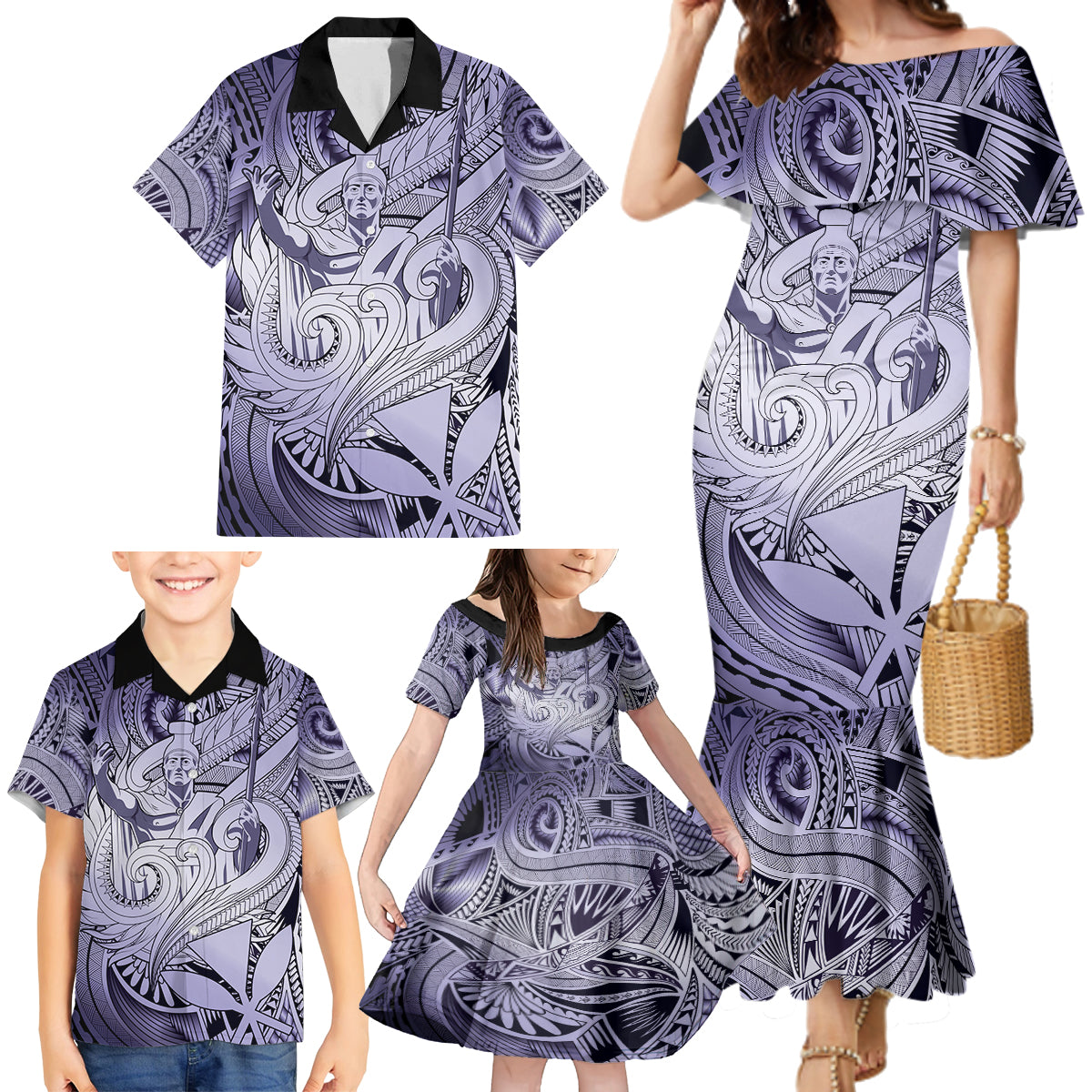 Personalised Aloha King Kamehameha Spirits Family Matching Mermaid Dress and Hawaiian Shirt Violet Special LT9 - Polynesian Pride