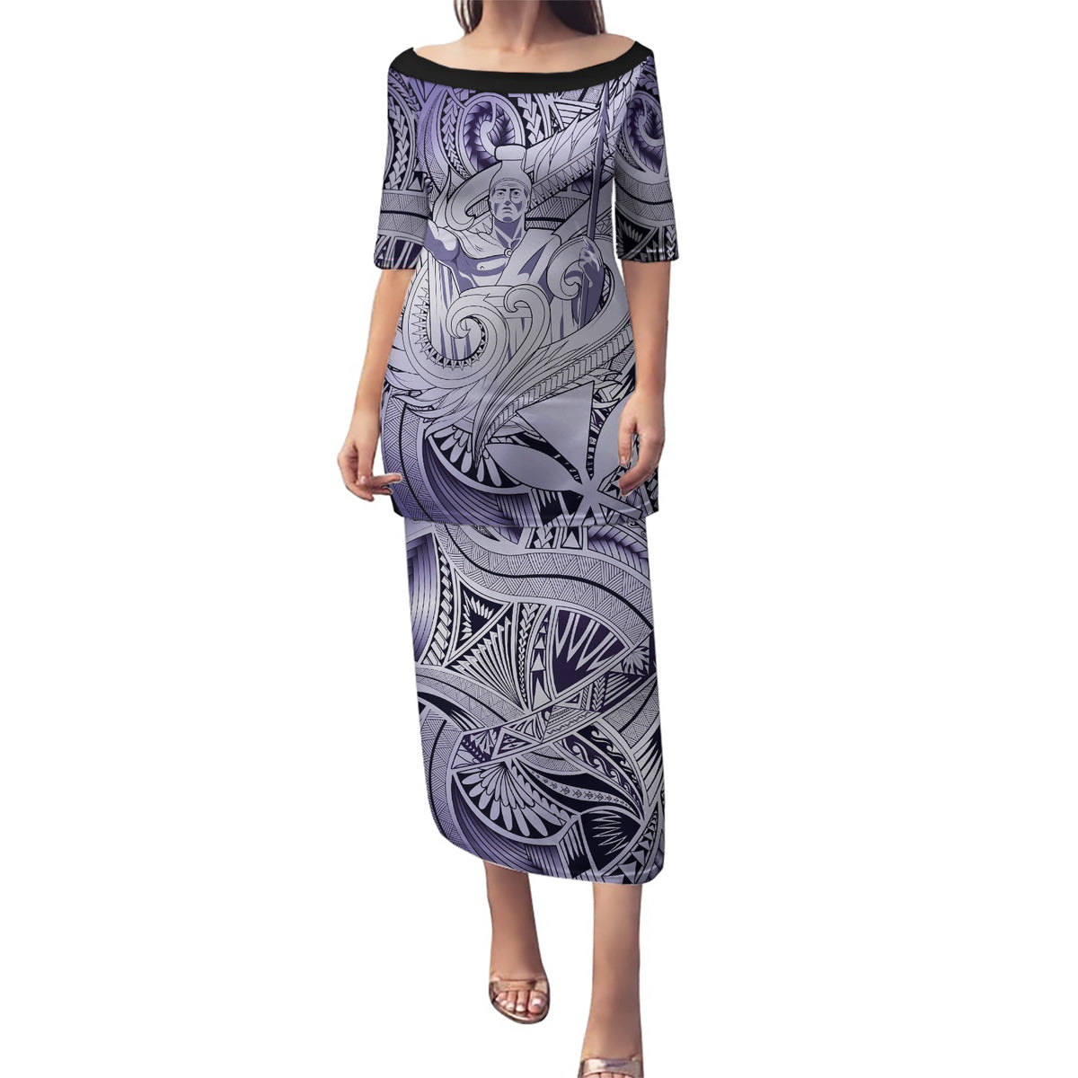 Personalised Aloha King Kamehameha Spirits Puletasi Violet Special LT9 Long Dress Violet - Polynesian Pride