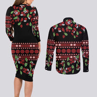 Fiji Masi Bula Tagimoucia Flowers Couples Matching Long Sleeve Bodycon Dress and Long Sleeve Button Shirt