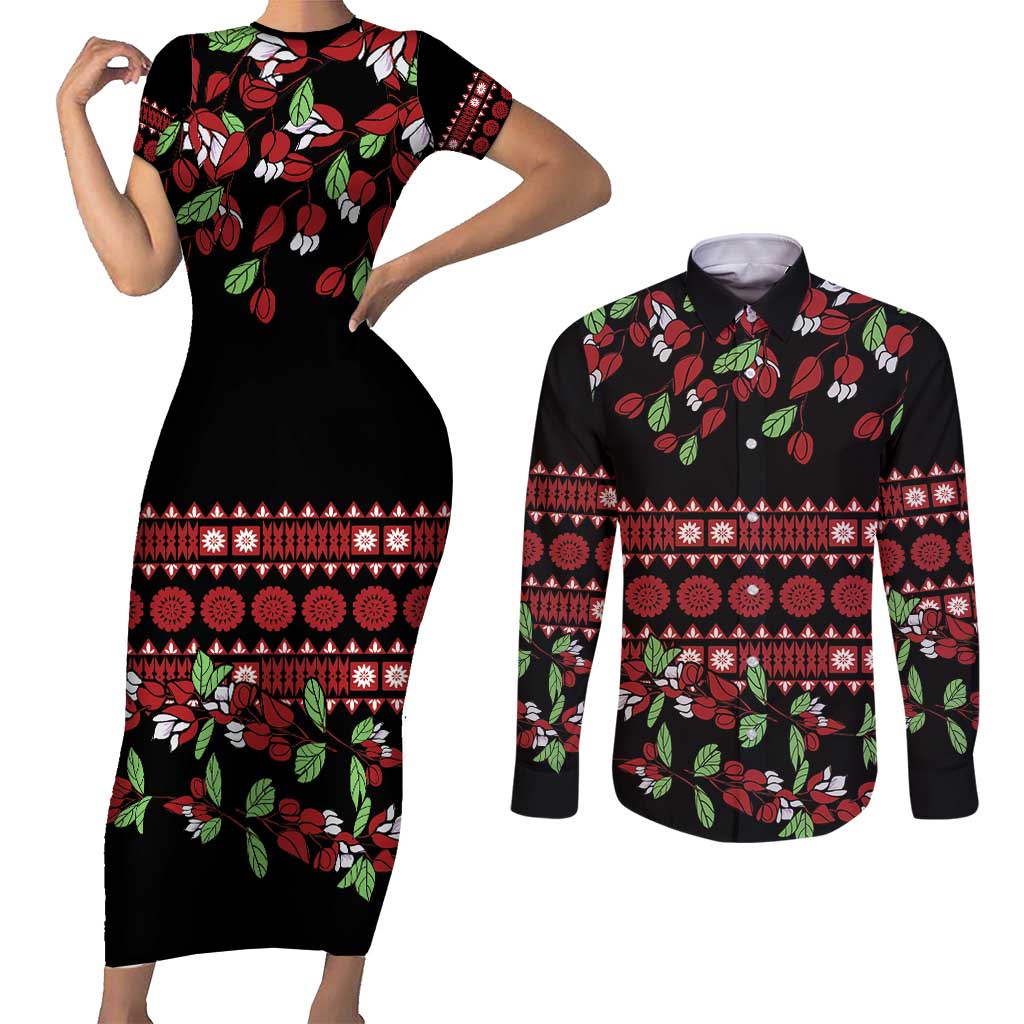 Fiji Masi Bula Tagimoucia Flowers Couples Matching Short Sleeve Bodycon Dress and Long Sleeve Button Shirt