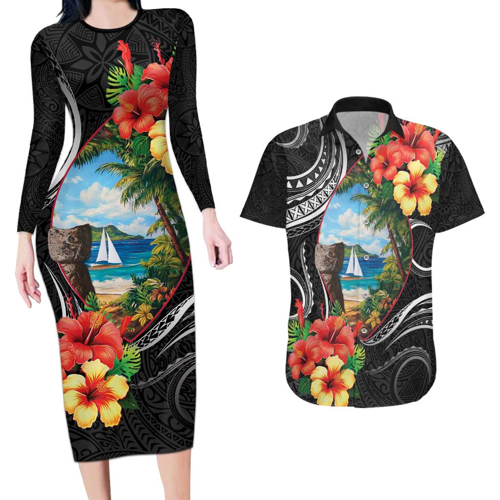 Hafa Adai Guam Couples Matching Long Sleeve Bodycon Dress and Hawaiian Shirt Guahan Seal Chamorro Stones Tribal