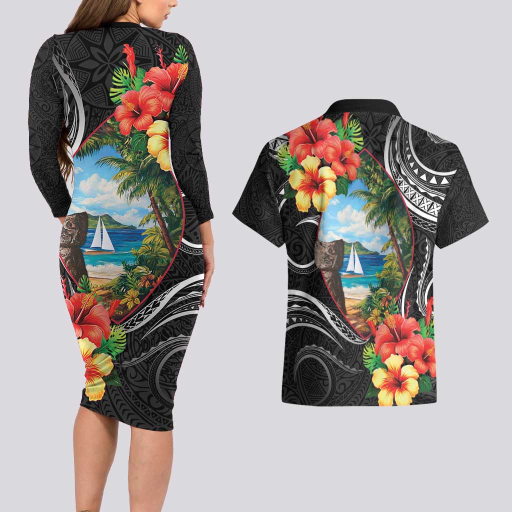 Hafa Adai Guam Couples Matching Long Sleeve Bodycon Dress and Hawaiian Shirt Guahan Seal Chamorro Stones Tribal