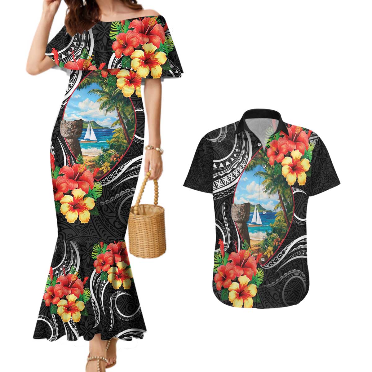 Hafa Adai Guam Couples Matching Mermaid Dress and Hawaiian Shirt Guahan Seal Chamorro Stones Tribal