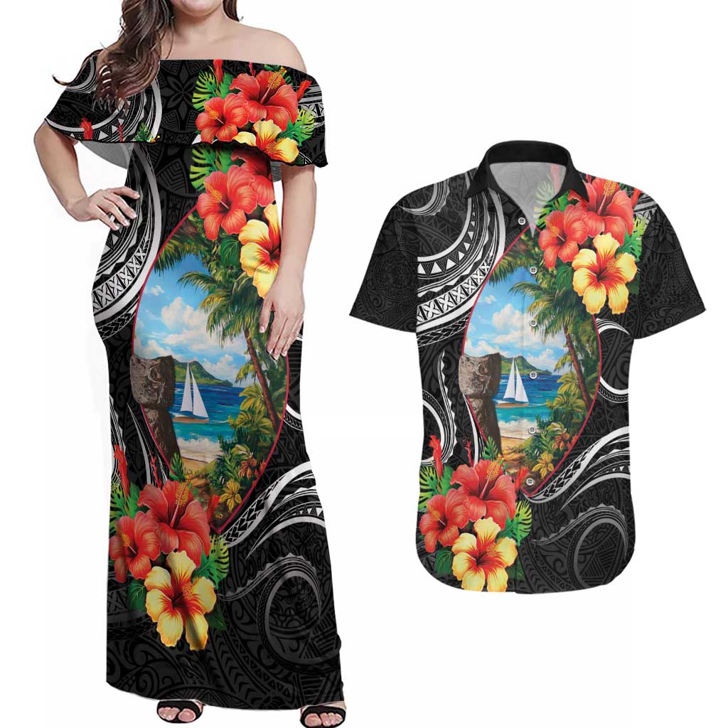 Hafa Adai Guam Couples Matching Off Shoulder Maxi Dress and Hawaiian Shirt Guahan Seal Chamorro Stones Tribal