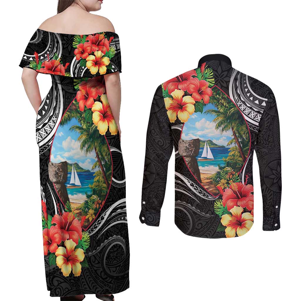 Hafa Adai Guam Couples Matching Off Shoulder Maxi Dress and Long Sleeve Button Shirt Guahan Seal Chamorro Stones Tribal