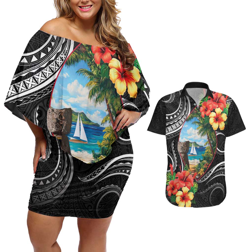 Hafa Adai Guam Couples Matching Off Shoulder Short Dress and Hawaiian Shirt Guahan Seal Chamorro Stones Tribal