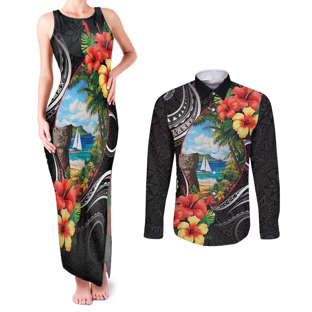 Hafa Adai Guam Couples Matching Tank Maxi Dress and Long Sleeve Button Shirt Guahan Seal Chamorro Stones Tribal