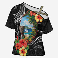 Hafa Adai Guam Cross Shoulder Shirt Guahan Seal Chamorro Stones Tribal - Polynesian Pride