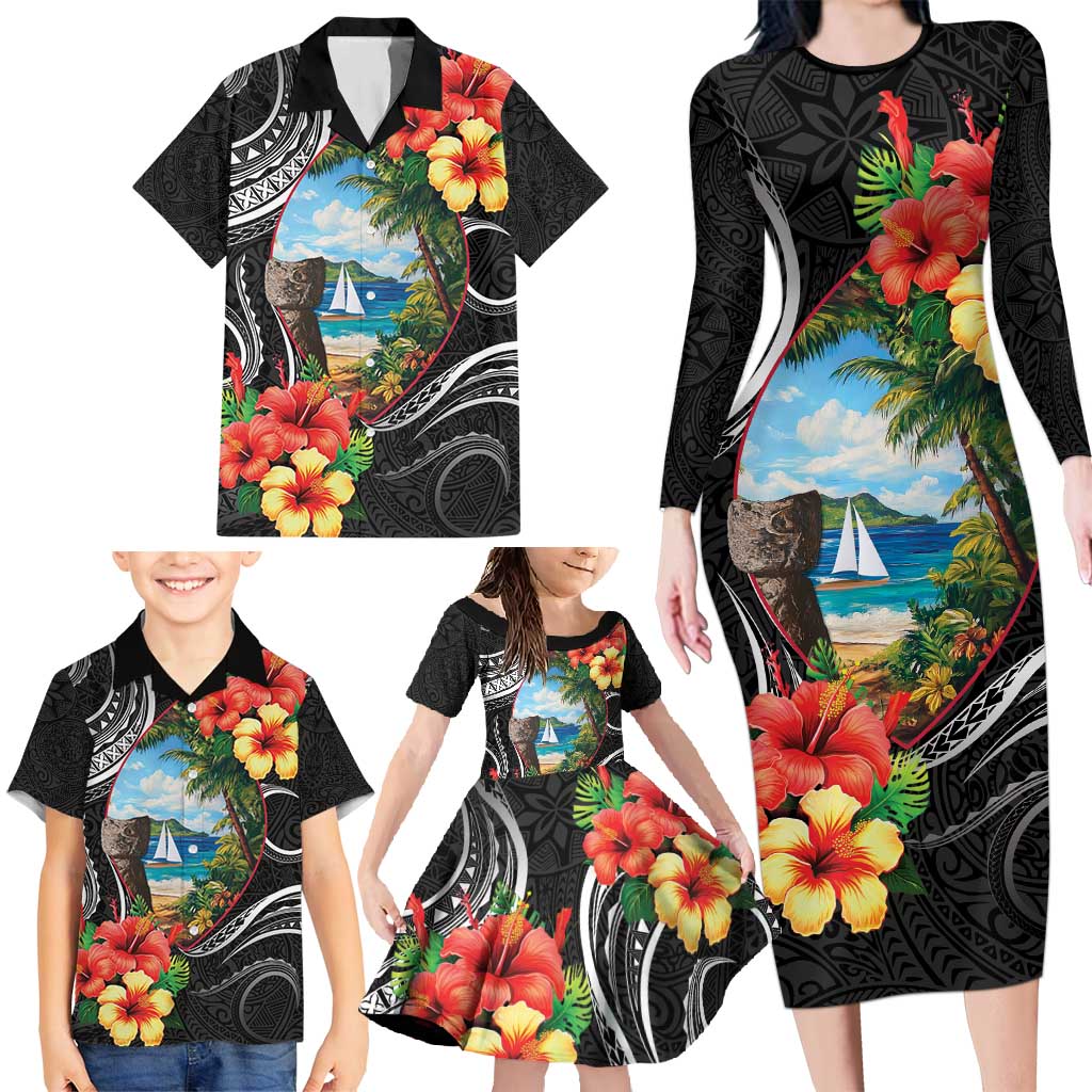 Hafa Adai Guam Family Matching Long Sleeve Bodycon Dress and Hawaiian Shirt Guahan Seal Chamorro Stones Tribal