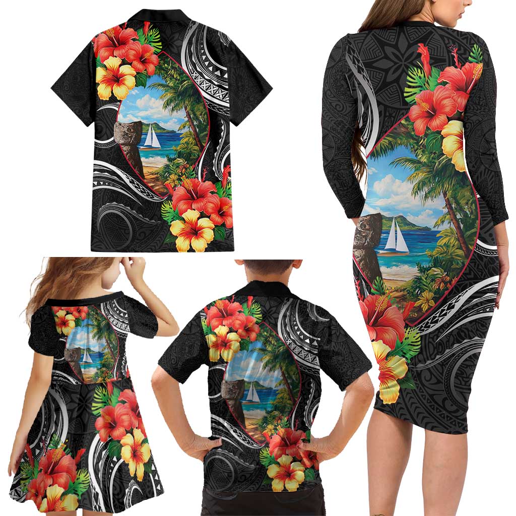 Hafa Adai Guam Family Matching Long Sleeve Bodycon Dress and Hawaiian Shirt Guahan Seal Chamorro Stones Tribal