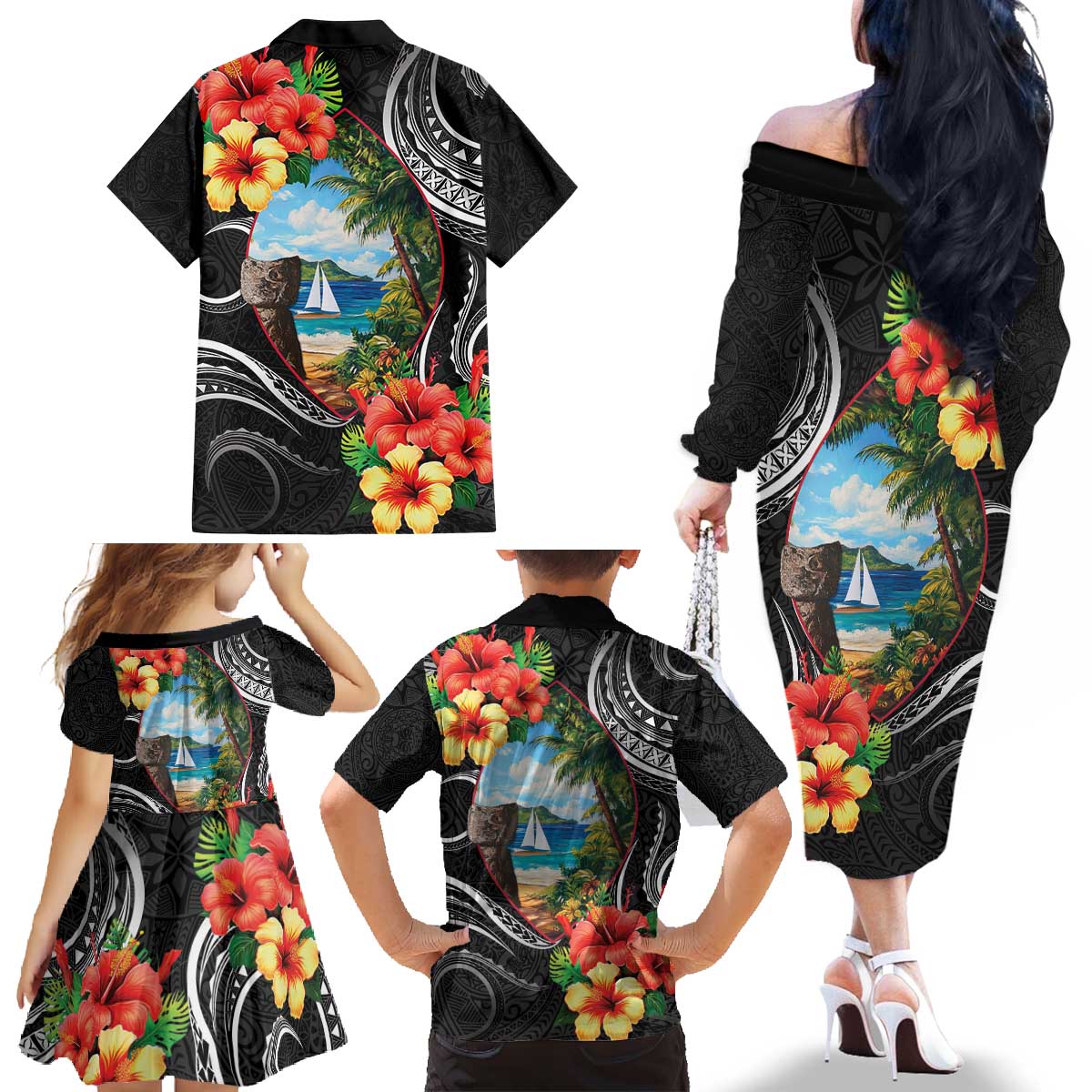 Hafa Adai Guam Family Matching Off The Shoulder Long Sleeve Dress and Hawaiian Shirt Guahan Seal Chamorro Stones Tribal