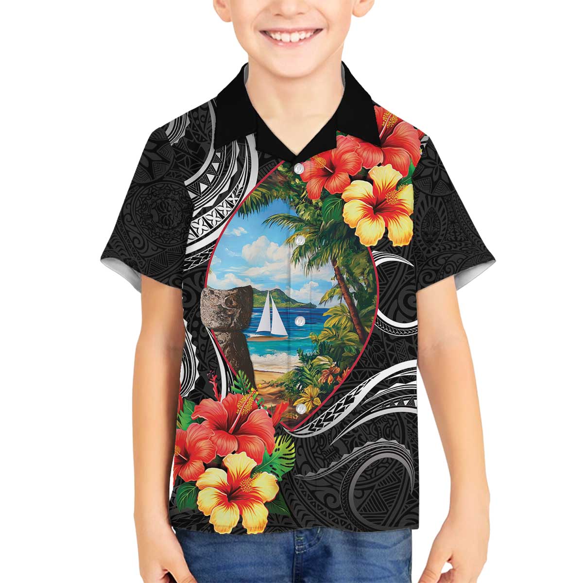 Hafa Adai Guam Family Matching Off The Shoulder Long Sleeve Dress and Hawaiian Shirt Guahan Seal Chamorro Stones Tribal