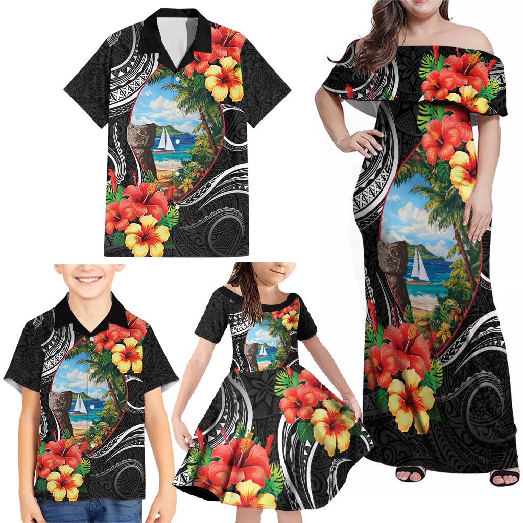 Hafa Adai Guam Family Matching Off Shoulder Maxi Dress and Hawaiian Shirt Guahan Seal Chamorro Stones Tribal