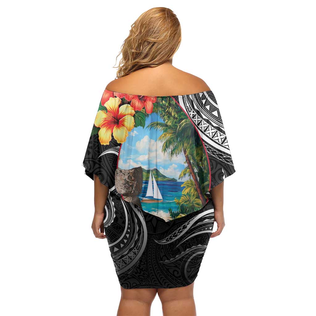 Hafa Adai Guam Family Matching Off Shoulder Short Dress and Hawaiian Shirt Guahan Seal Chamorro Stones Tribal