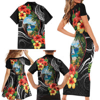 Hafa Adai Guam Family Matching Short Sleeve Bodycon Dress and Hawaiian Shirt Guahan Seal Chamorro Stones Tribal