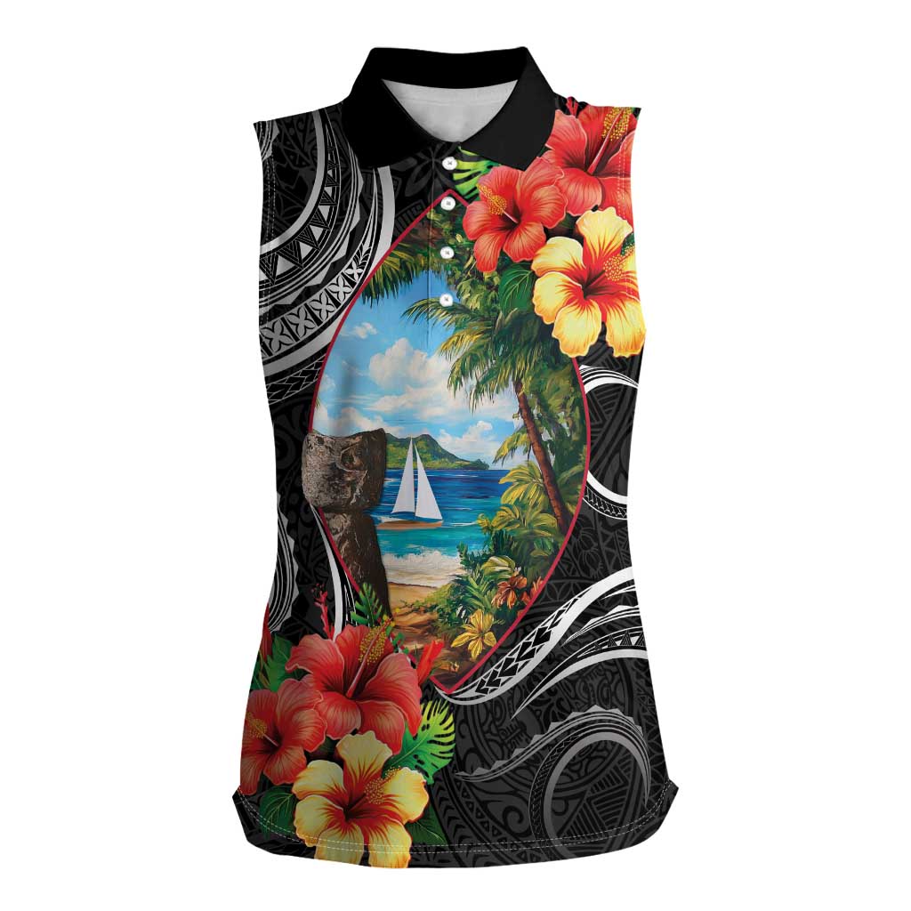 Hafa Adai Guam Women Sleeveless Polo Shirt Guahan Seal Chamorro Stones Tribal