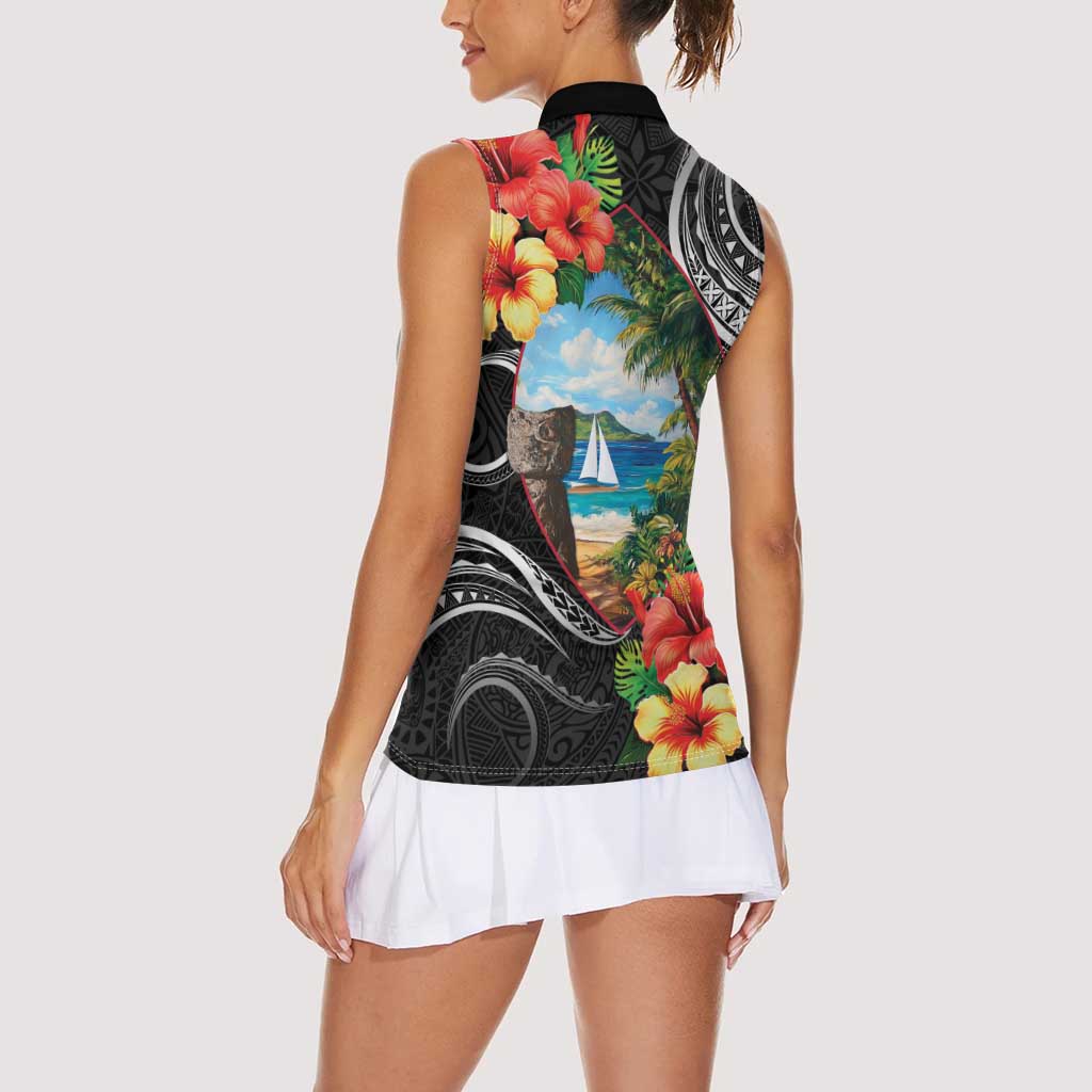 Hafa Adai Guam Women Sleeveless Polo Shirt Guahan Seal Chamorro Stones Tribal