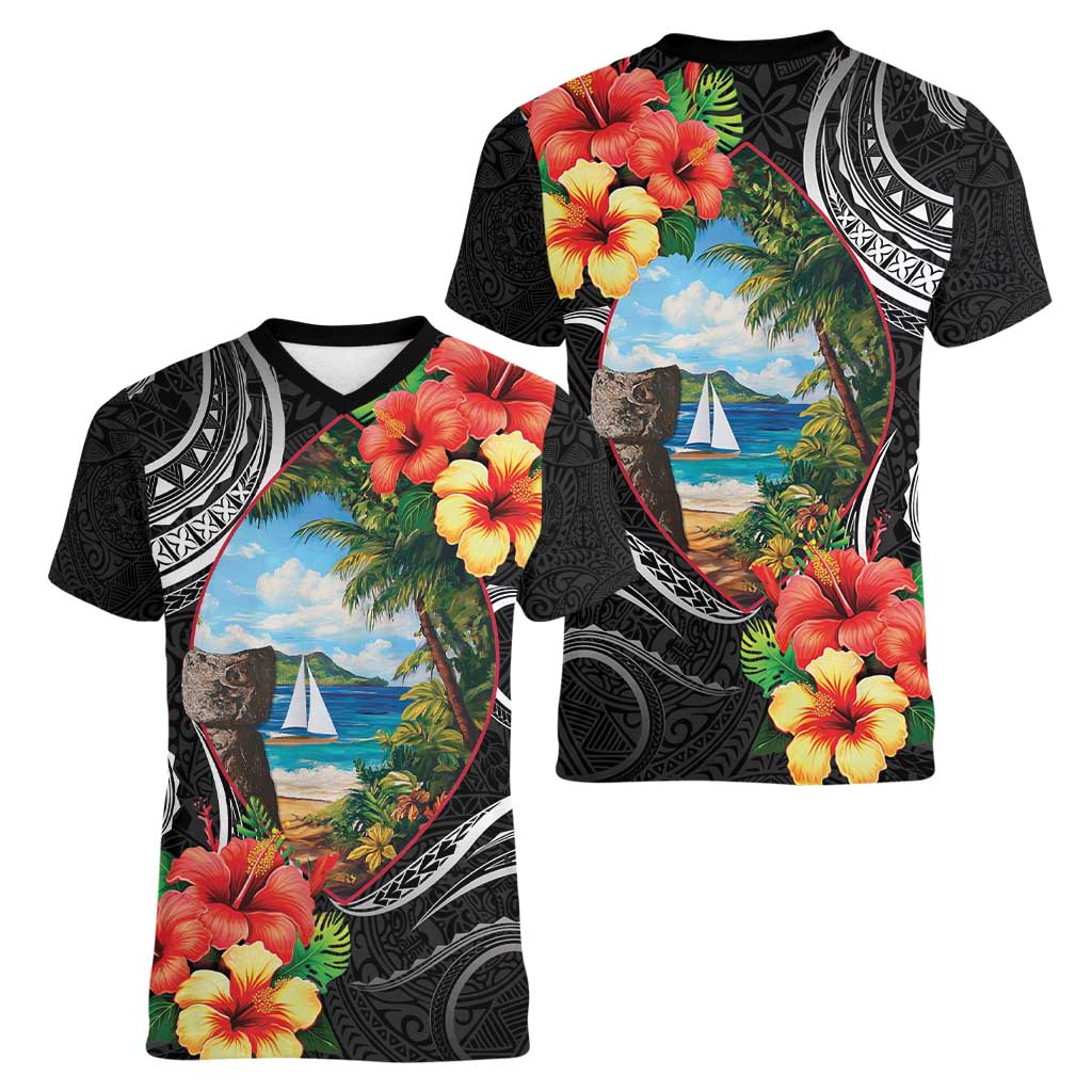 Hafa Adai Guam Women V-Neck T-Shirt Guahan Seal Chamorro Stones Tribal