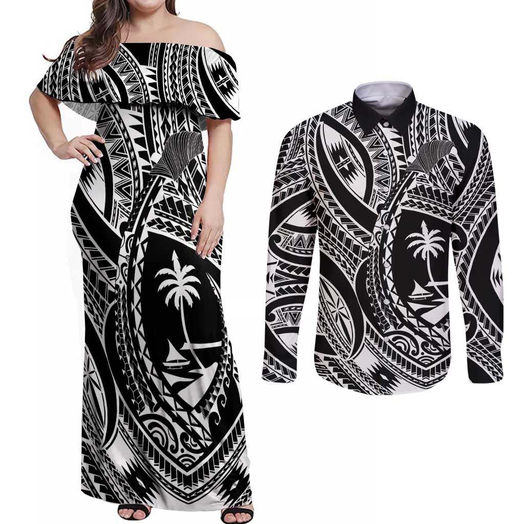 Hafa Adai Guam Inspired Tattoo Couples Matching Off Shoulder Maxi Dress and Long Sleeve Button Shirt