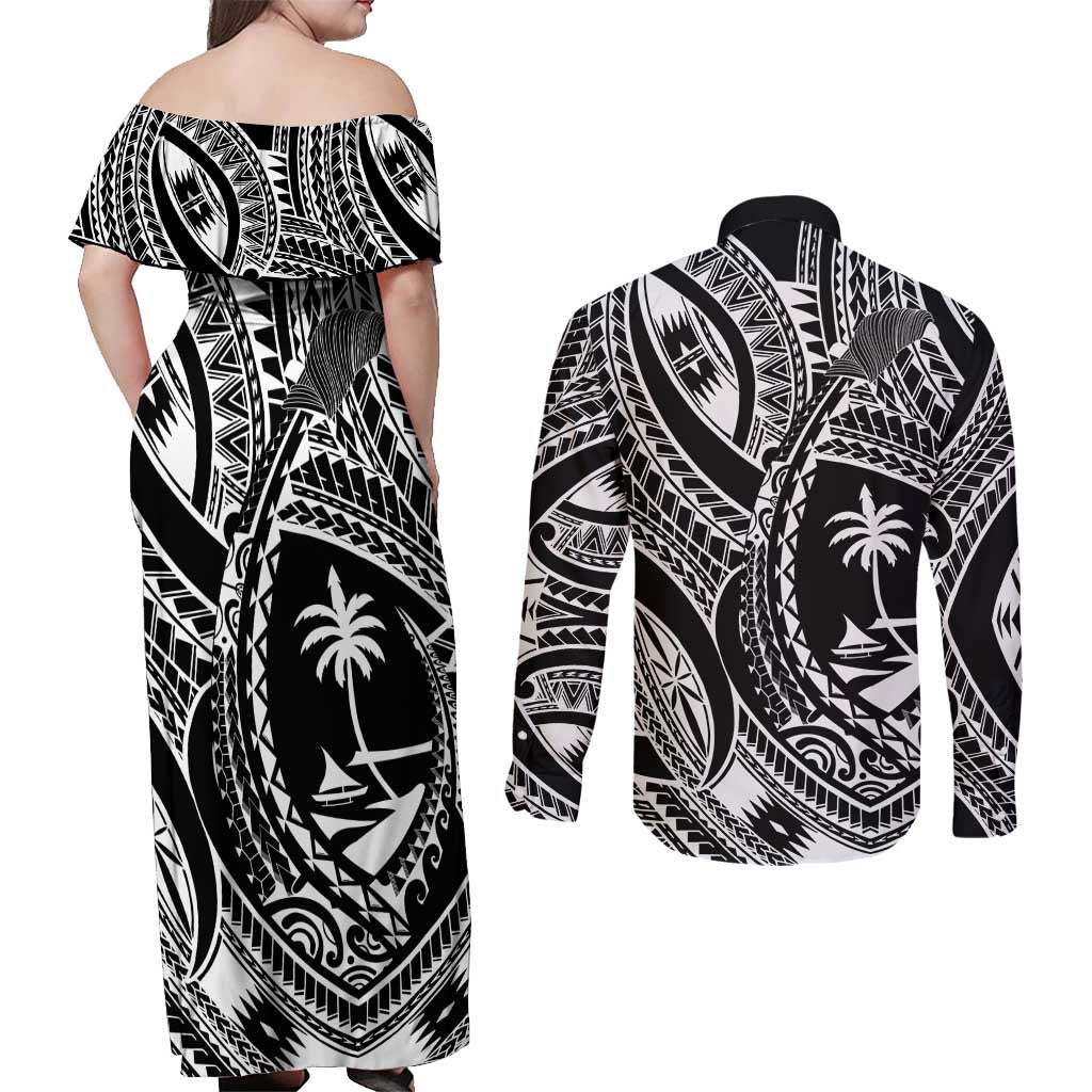 Hafa Adai Guam Inspired Tattoo Couples Matching Off Shoulder Maxi Dress and Long Sleeve Button Shirt