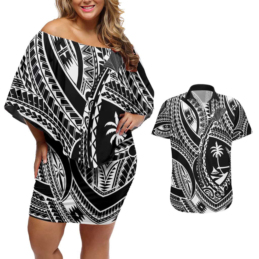 Hafa Adai Guam Inspired Tattoo Couples Matching Off Shoulder Short Dress and Hawaiian Shirt