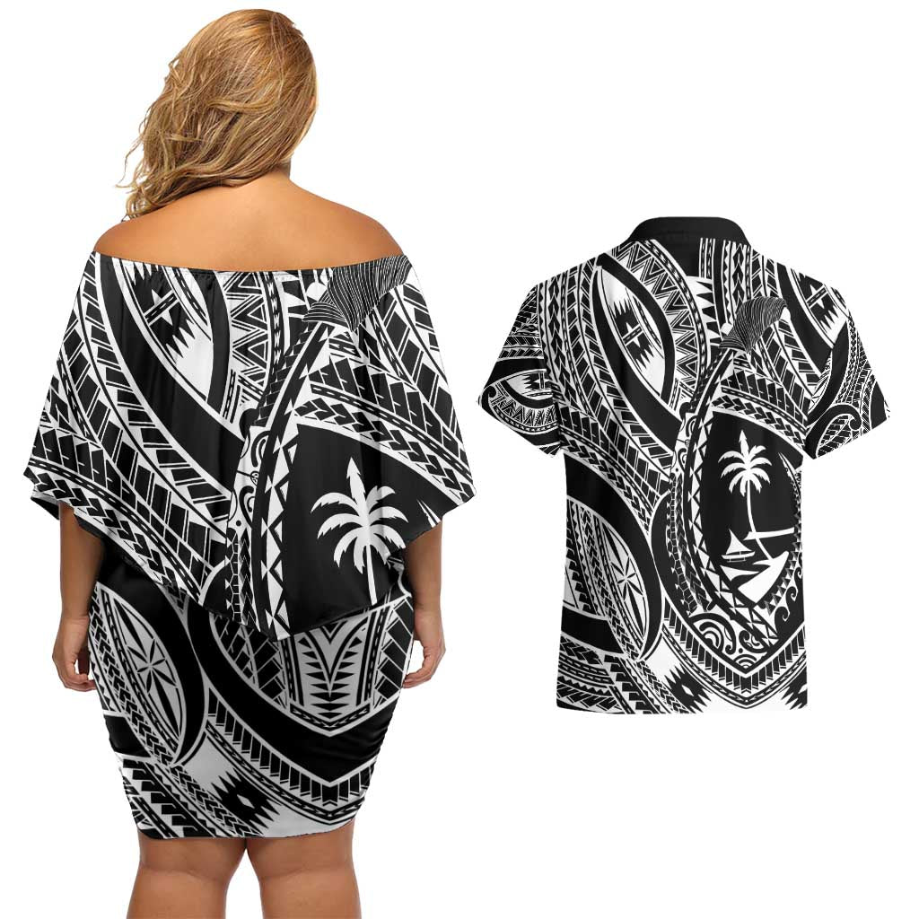 Hafa Adai Guam Inspired Tattoo Couples Matching Off Shoulder Short Dress and Hawaiian Shirt