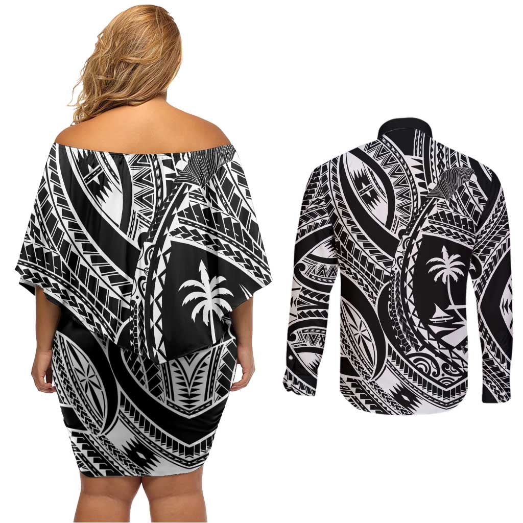 Hafa Adai Guam Inspired Tattoo Couples Matching Off Shoulder Short Dress and Long Sleeve Button Shirt
