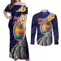 Hafa Adai Guam Seal Latte Stones Artwork Couples Matching Off Shoulder Maxi Dress and Long Sleeve Button Shirt