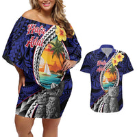 Hafa Adai Guam Seal Latte Stones Artwork Couples Matching Off Shoulder Short Dress and Hawaiian Shirt