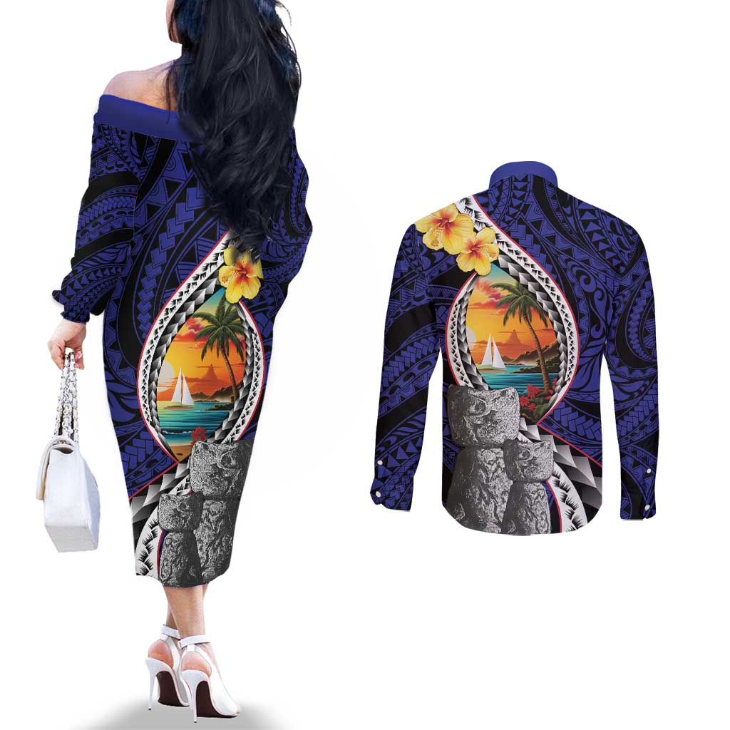 Hafa Adai Guam Seal Latte Stones Artwork Couples Matching Off The Shoulder Long Sleeve Dress and Long Sleeve Button Shirt