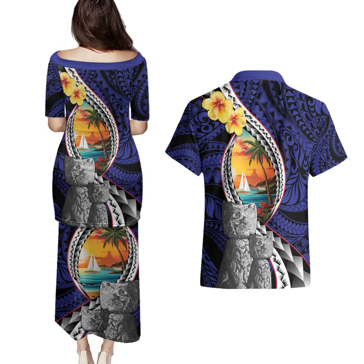 Hafa Adai Guam Seal Latte Stones Artwork Couples Matching Puletasi and Hawaiian Shirt