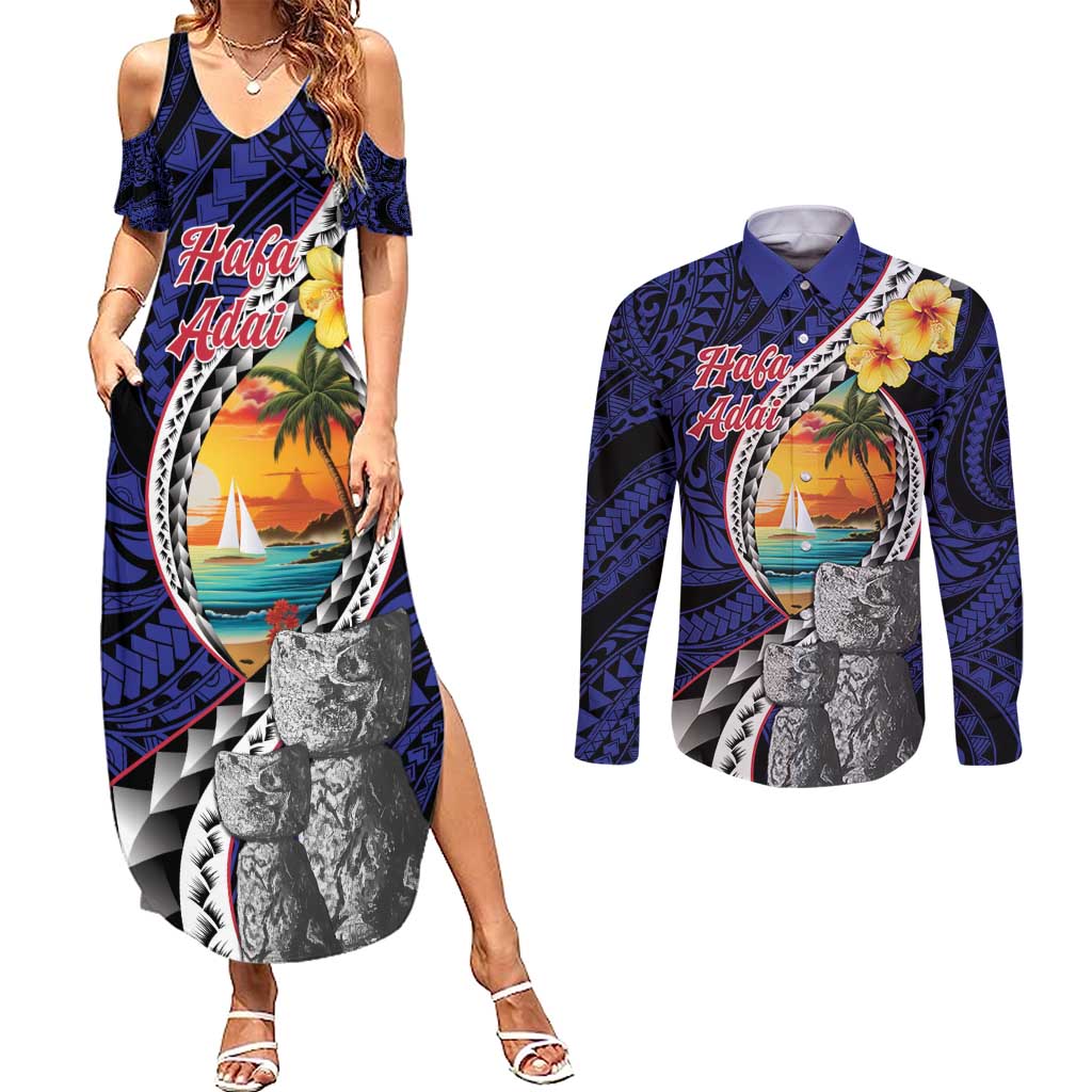 Hafa Adai Guam Seal Latte Stones Artwork Couples Matching Summer Maxi Dress and Long Sleeve Button Shirt