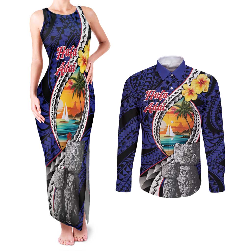 Hafa Adai Guam Seal Latte Stones Artwork Couples Matching Tank Maxi Dress and Long Sleeve Button Shirt