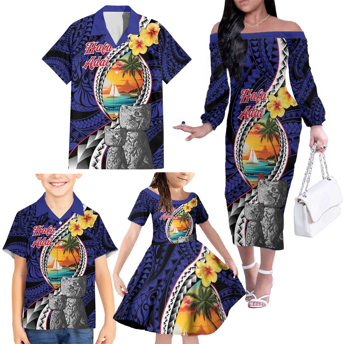 Hafa Adai Guam Seal Latte Stones Artwork Family Matching Off The Shoulder Long Sleeve Dress and Hawaiian Shirt