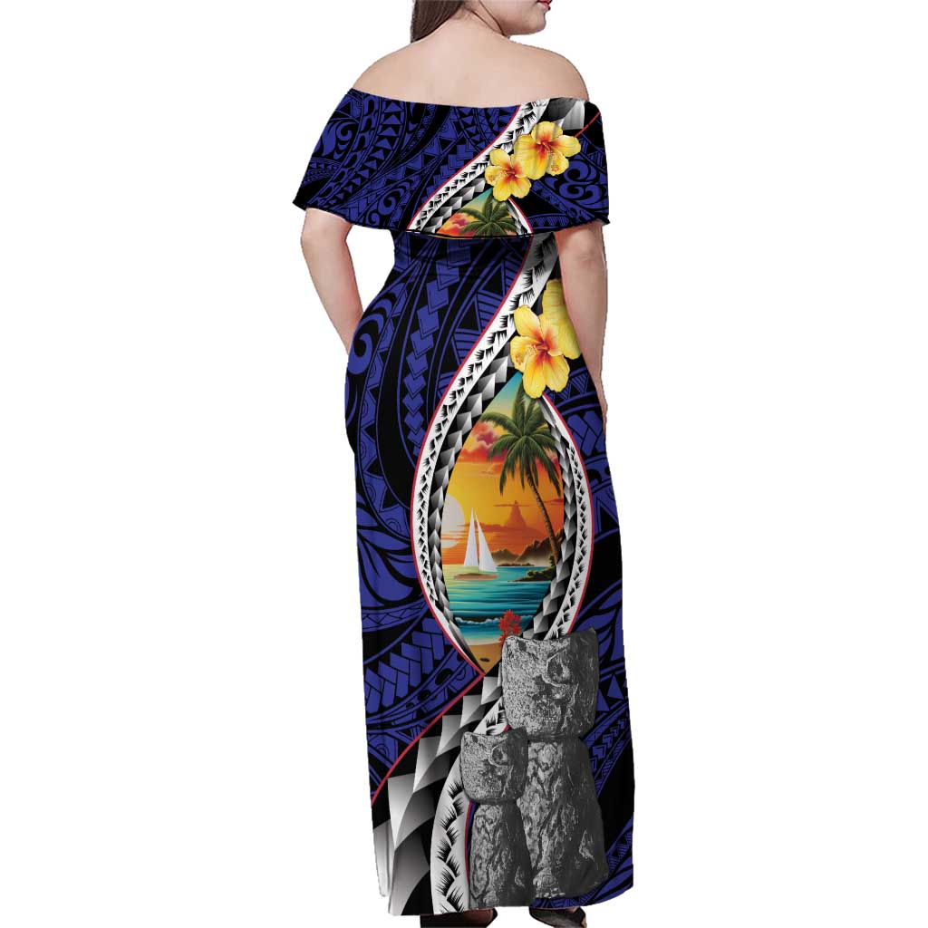 Hafa Adai Guam Seal Latte Stones Artwork Family Matching Off Shoulder Maxi Dress and Hawaiian Shirt